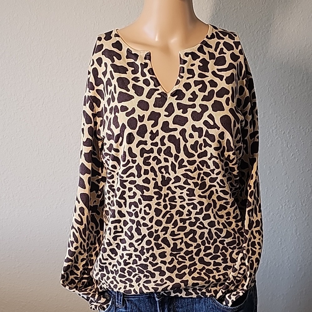 Talbots Leopard Print Silk Blend Pullover Sweater Women Medium Tan Excellent